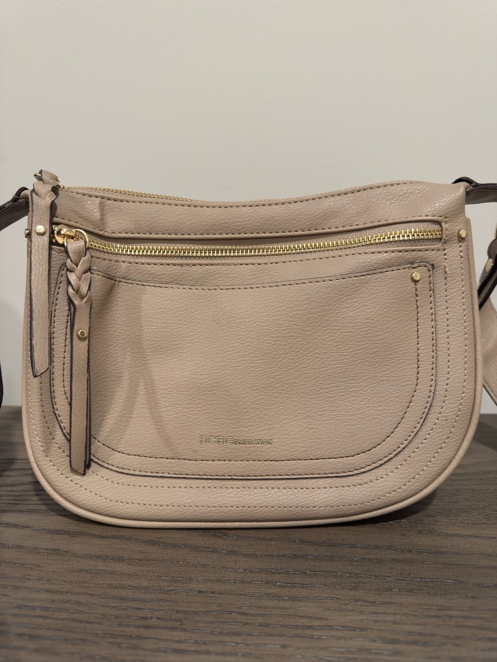 BCBGeneration Taupe Pebbled Faux Leather Crossbody Bag Gold Hardware
